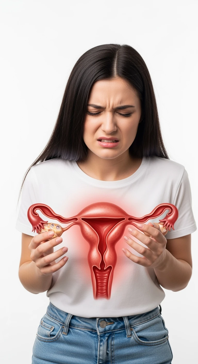 donna con utero umano realistico in evidenza dolorante, espressione di dolore in volto, sfondo bianco, non farla computerizzata, ma iperrealistica 4k emoji