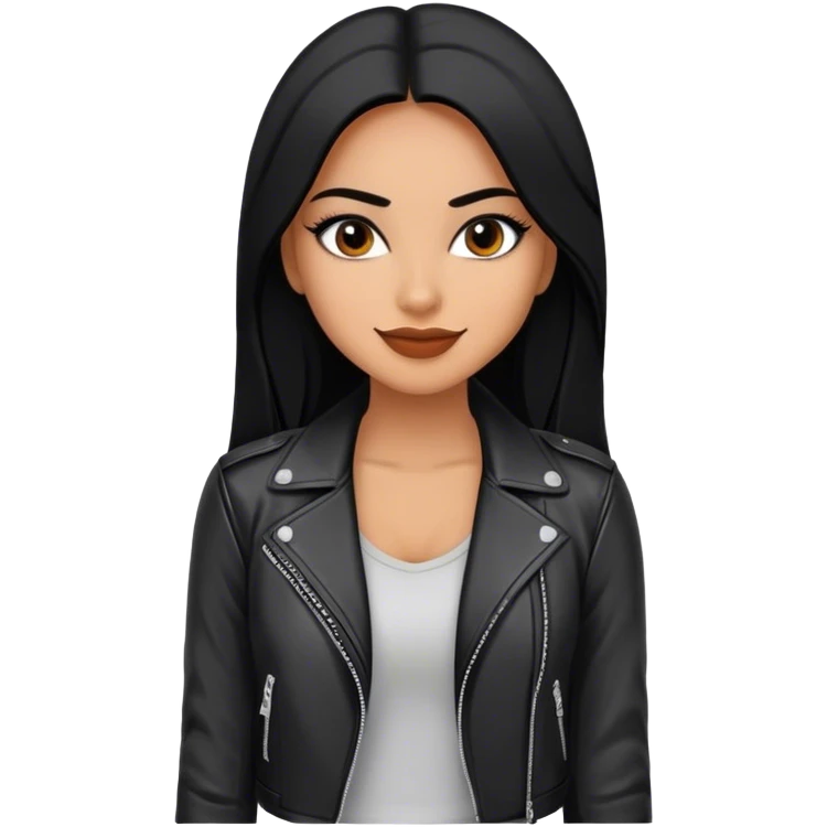 beautiful fit woman, with long straight black hair, with make up, black eye liner, smile mooth close, mexican, brown skin, wearing casual outfit and leather black jacket, flirting emoji