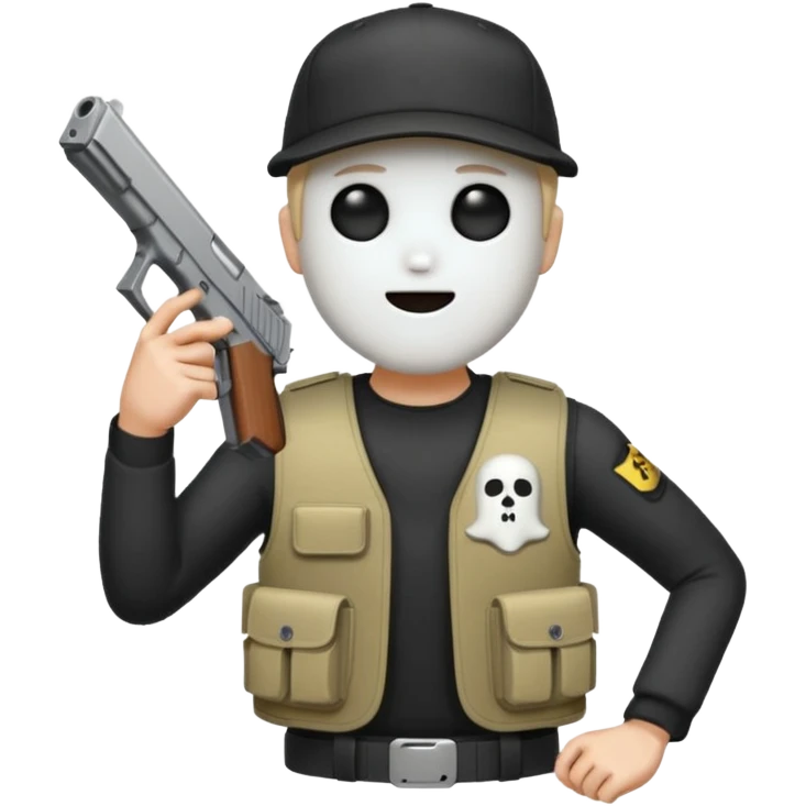 Emoji de fantasmita con una Glock 17 en la mano izquierda, con gorra y un chaleco antibalas  emoji