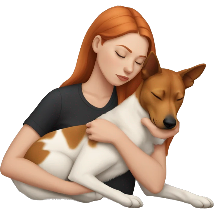 White girl auburn hair sleeping with Carolina dog emoji