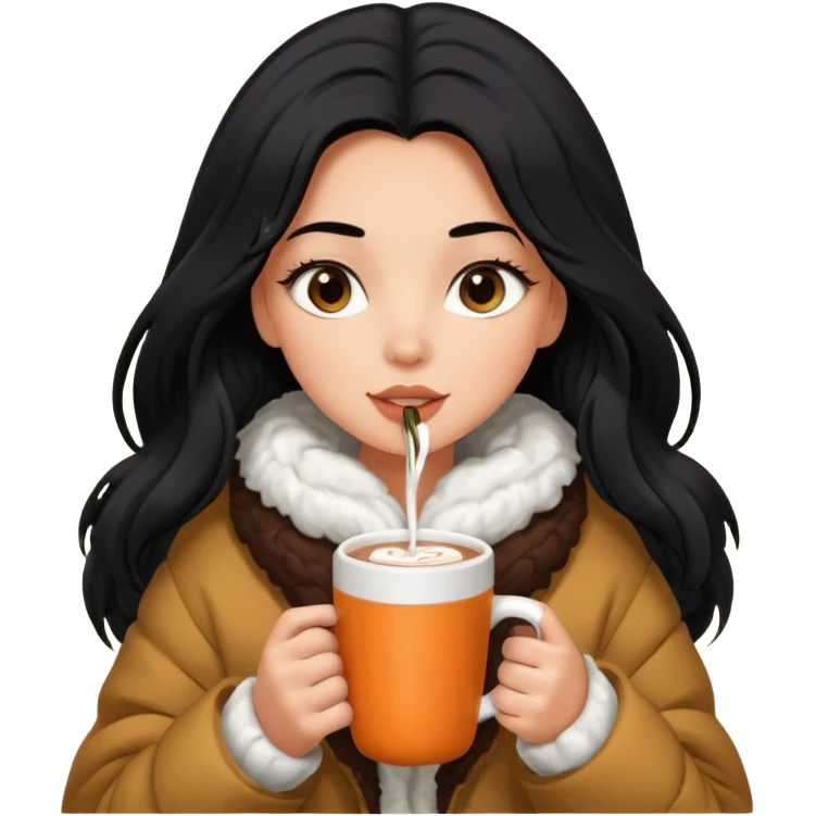 anned Girl with lashes , bright black long hair, in an extremely big fluffy oversized jacket, and drinking hot chocolate drink emoji