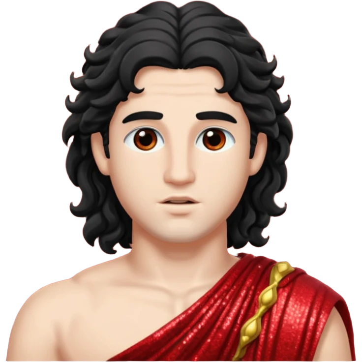 Adonis, God of Beauty from Roman Deities with long black wavy hair, red sequin toga emoji