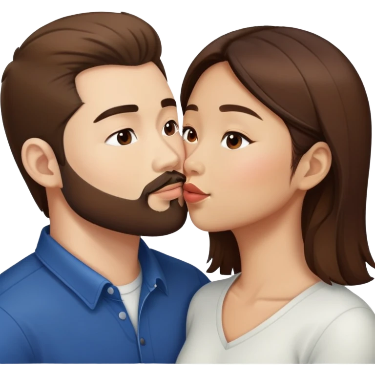 Asian American woman without glasses kissing a white guy with brown hair and only the white guy has beard stubble and white guy has glasses and Asian American woman does not have glasses emoji