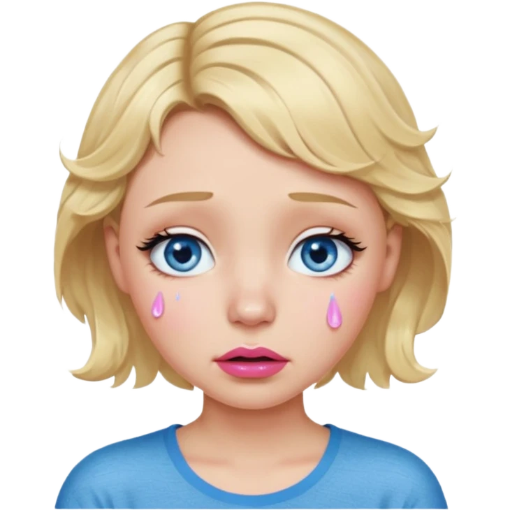 Girl Blonde short wavy hair,  blue eyes, cute blue top, long lashes, pink lips,crying with big tears running down the face  emoji