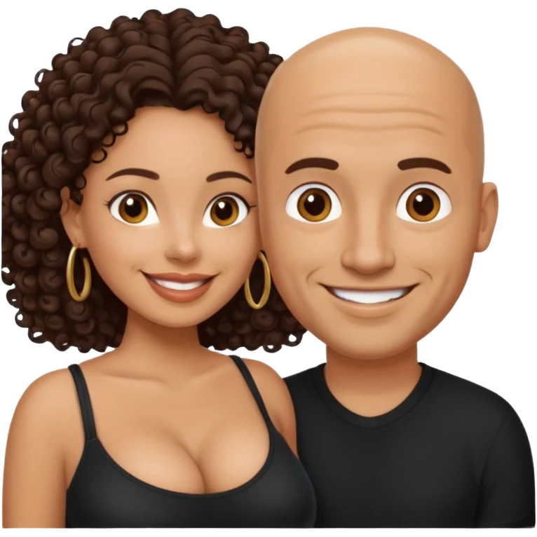 A picture of a sexy tanned couple. the man is Mexican, with a bald hair cut and a black shirt. the woman is mixed, she has curly longer dark brown hair,  she has glasses only, and with big boobs. Take the glasses of the man emoji
