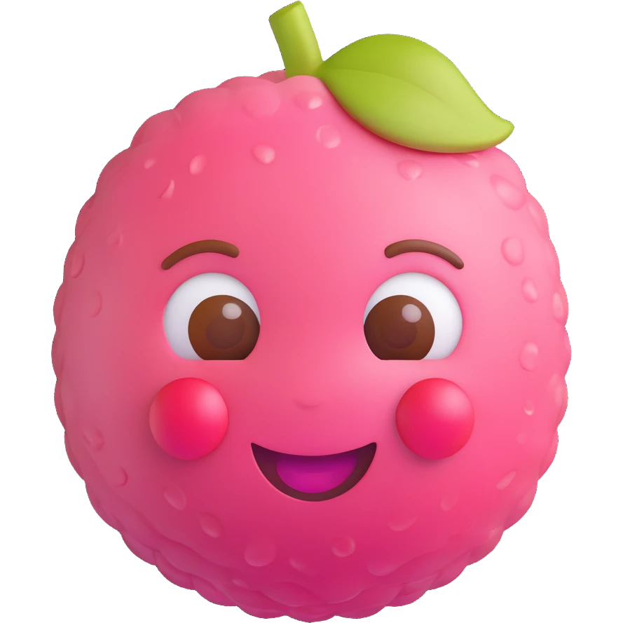 Pixar-style 3D lychee emoji with round white face, shiny eyes, pink cheeks, big smile, bumpy pink-red skin, glossy plastic texture, small brown stem, adorable, toy-like, realistic lighting, smooth shadows emoji