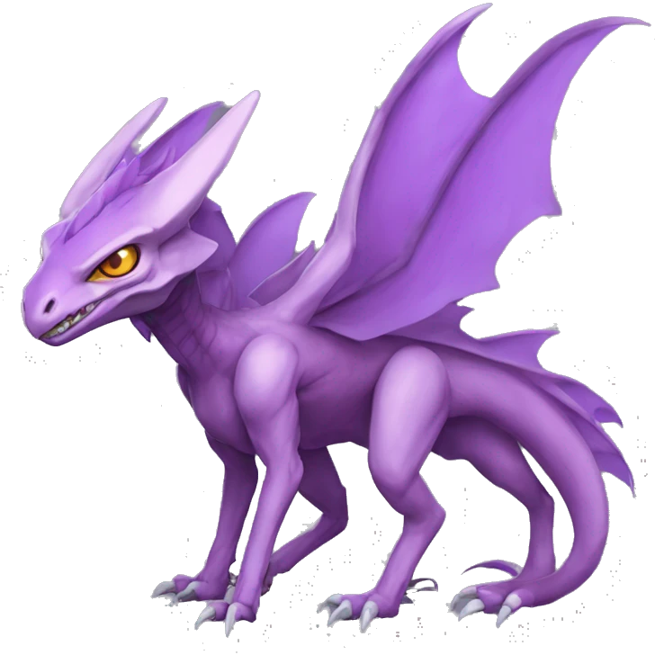 Mauve-violet-colored genesect-raptor-dragonkin-scalie-sona-Fakémon-hybrid with a mane on head and back full body emoji