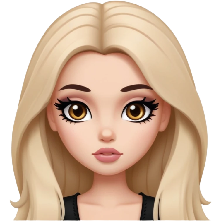  long hair, pale skin, dark brown eyes, pretty bratz baddie, black eyeliner, blush emoji