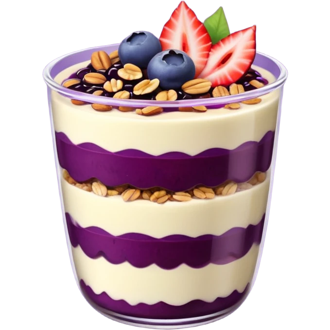 Açaí in a clear cup with layers of fruits and granola and condensed milk emoji