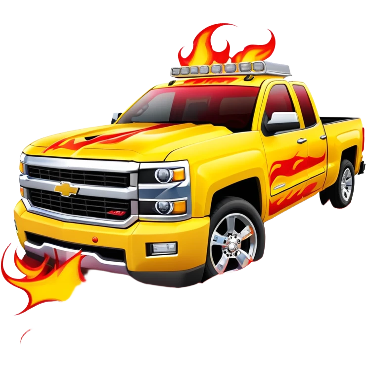 Bright yellow Chevrolet Silverado with bold airbrushed red flame artwork covering entire hood and extending to fenders, authentic Kill Bill custom paint job, 30-degree angle, iOS emoji style emoji