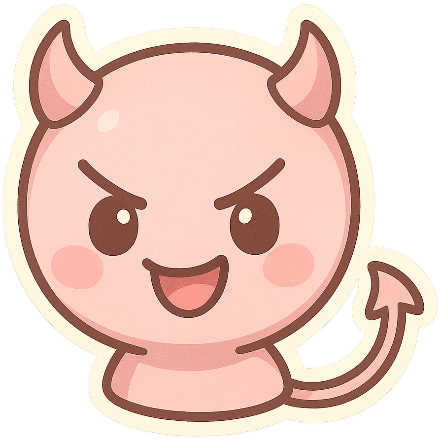 devil emoji, chibi style, pastel pink and white, tiny horns, cute but mischievous expression emoji