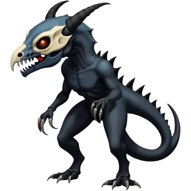 Shiny Dark Edgy  Duskull-Salandit-Amaura-Fakémon-hybrid-creature (full body) with a horned animal-skull-mask emoji