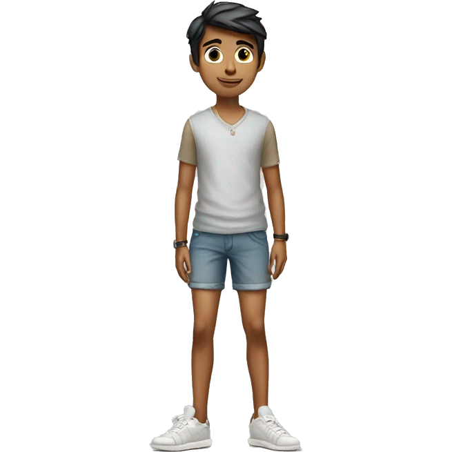 slender indian boy on shorts standing next to a mini cooper emoji