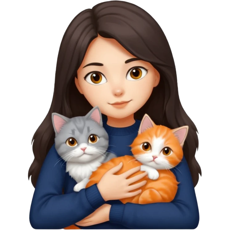 a girl with long dark brown hair, in a navy sweater, hugs a persian peaknose grey cat and persian peaknose orange and white kitten emoji