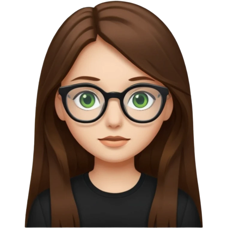 Girl with long brown hair, green eyes, glasses and a black top on emoji