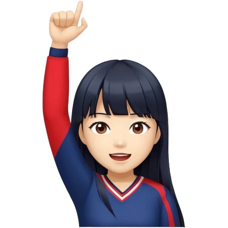East Asian woman with long black straight hair and bangs wearing Doosan Bears team colors navy blue and red, cheering emoji