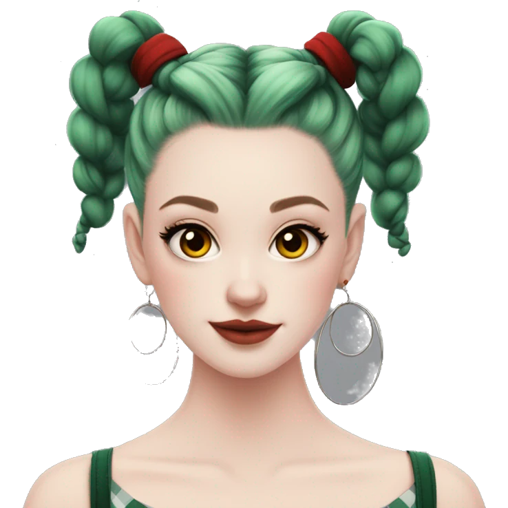  Pale skinned girl, dark green space buns hairstyle, wearing a red flannel, hoop earrings, thick wing eyeliner emoji