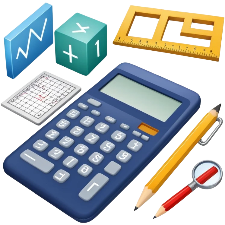 An icon featuring mathematical formulas, a calculator, and geometric shapes, symbolizing mathematics. The design includes a ruler, and a graph, representing the study of numbers, equations, and spatial relationships. Transparent background highlights the precision and logic of math. emoji