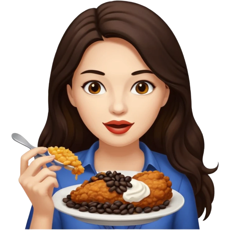 Mujer de pelo cafe oscuro y largo, y tez blanca disfrutando de un pollo frito con frijoles negros emoji