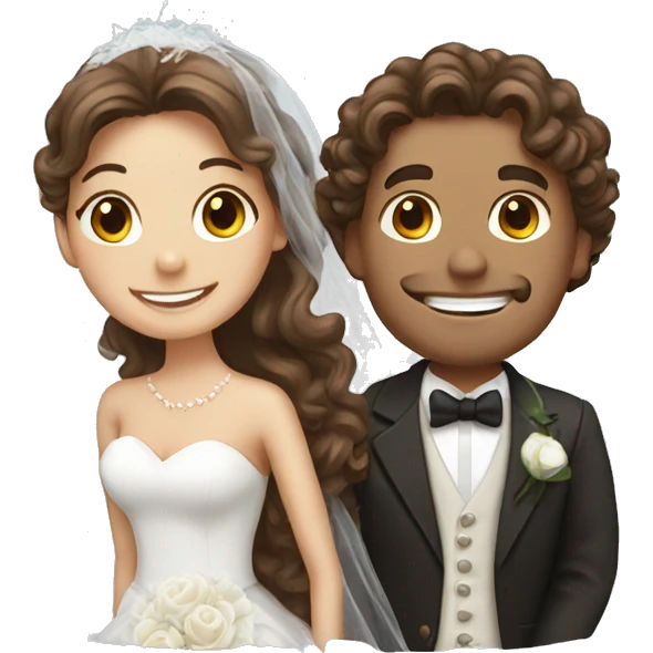 happy bride with long brown hair and groom with brown curly hair emoji