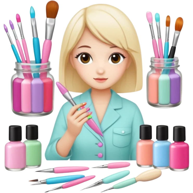 Minimalist nail art sticker pack featuring a cute female nail artist, nail tools like brushes and files, colorful nail polish bottles, small decorated nails, simple and clean design, pastel colors, kawaii style, delicate and charming, high-resolution, perfect for nail stickers emoji