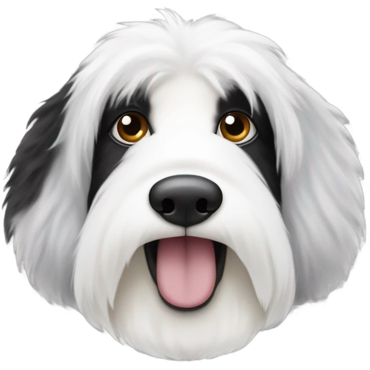 Very fluffy and full Half white half black old English sheepdog face where left half is white. EYE SECTION OF FACE SHOULD BE HALF AND HALF DOWN THE MIDDLE. YOU KEEP MESSING THIS UP! Read instructions carefully emoji
