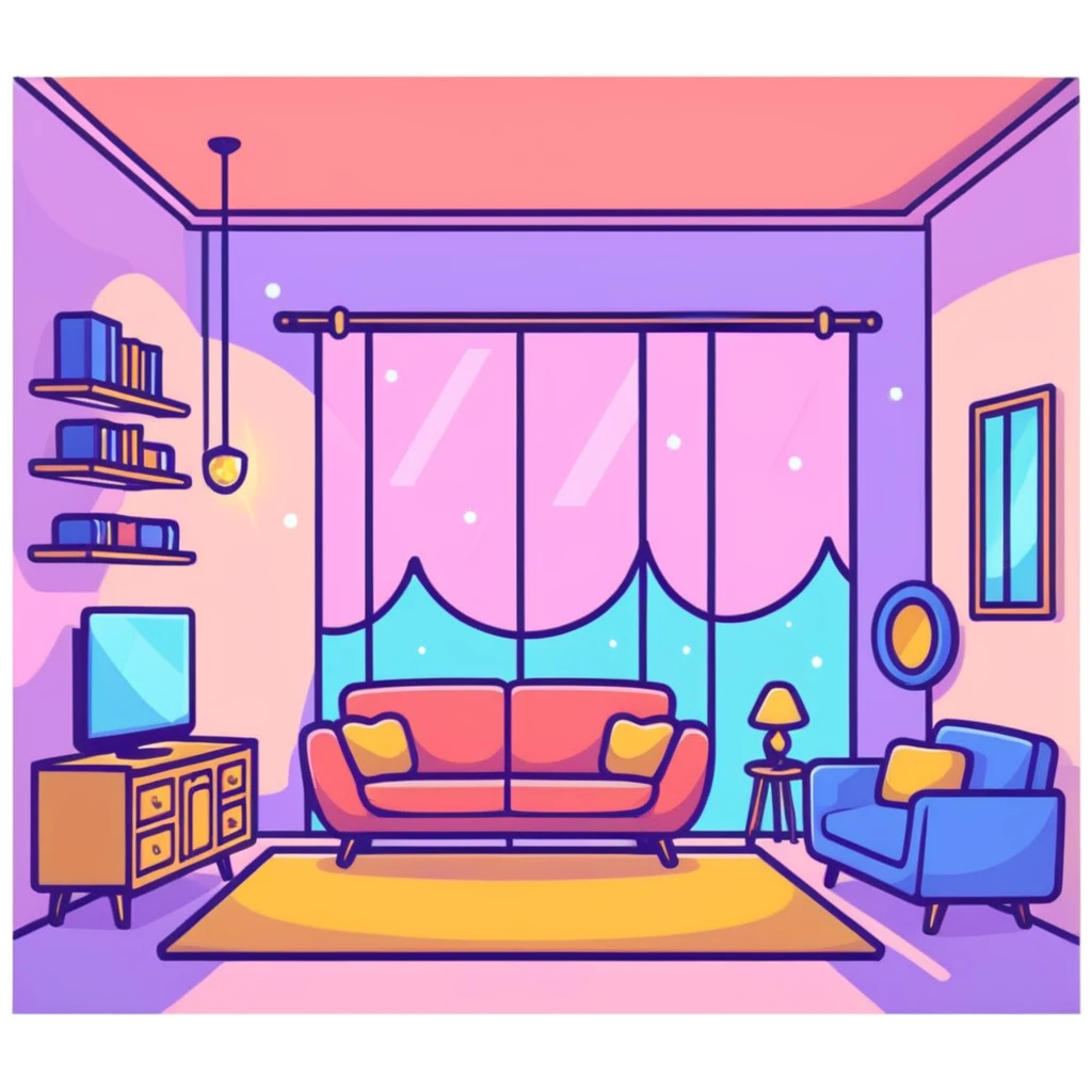 cozy room with furniture and magical sparkles floating above the furniture emoji