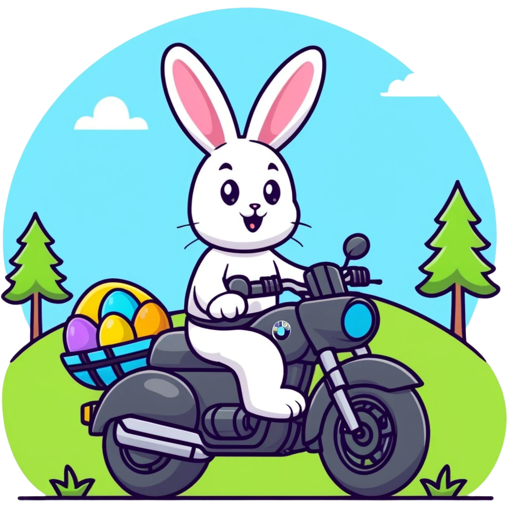 Easter bunny riding a BMW boxer motorcycle with trees and grass in the background and colorful Easter eggs hidden in the grass emoji