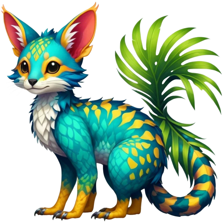 Feral Rare Fantasy vibrant colorful tropical Vernid-Trico-species by LiLaiRa, random markings, tufted tail, tufted ears, full body emoji