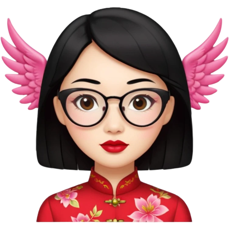 a Chinese lady in a red cheongsam, red lipstick, winged eyeliner, fair light skin with pink undertones, small nose, plump lips, average build, transparent glasses, mid-length black hair emoji