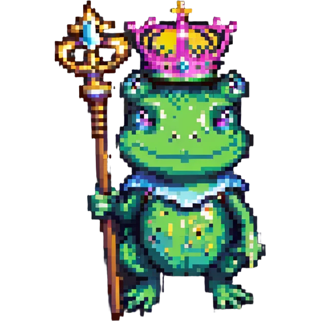 pixel art crowned frog holding a scepter emoji