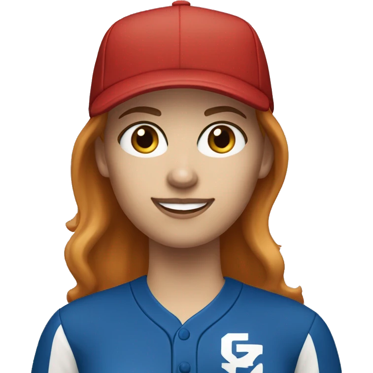 white female coach with red long hair in blue shirt and with a blue baseball hat emoji