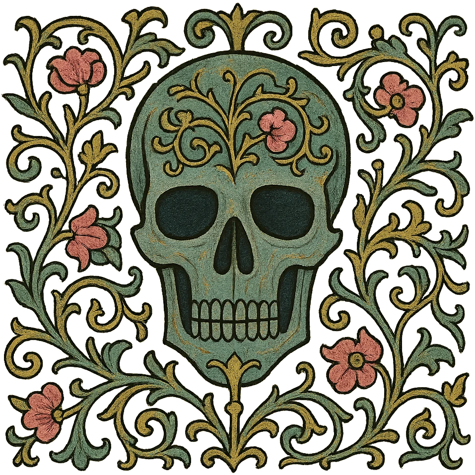 gothic skull with ornate filigree, pink accents, dark and moody, medieval art style emoji
