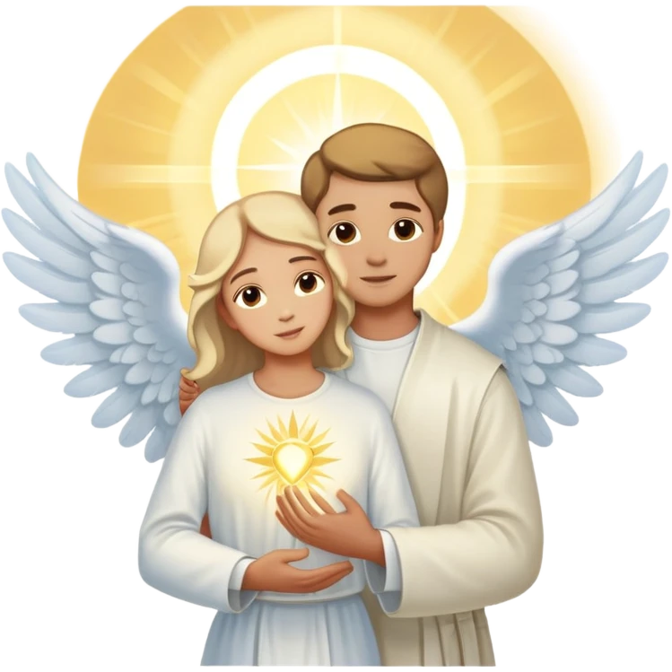 Angelic man holding a woman in his wings with sacred light emoji