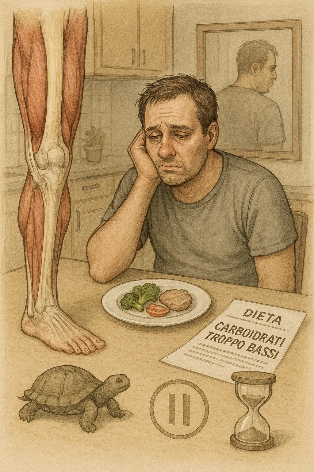 illustrazione anatomica di gamba più Uomo sui 35 anni in cucina, con espressione affaticata e spenta, guarda un piatto con pochissimi carboidrati (solo qualche verdura e proteine). Accanto a lui, fogli con una dieta rigida e una scritta visibile: 'Carboidrati troppo bassi'. Il suo corpo appare bloccato, senza definizione, con uno specchio alle spalle che riflette una figura stanca e senza progressi. Sul tavolo ci sono simboli che richiamano il metabolismo rallentato: una tartaruga, una clessidra ferma.corta o inibita emoji