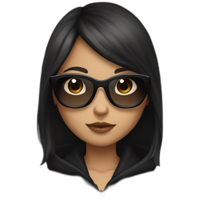 a girl with brown medium hair and with long bangs to eyes; she have a black cat in hands; she have a black square sunglasses; she's wearing a black hoodie emoji