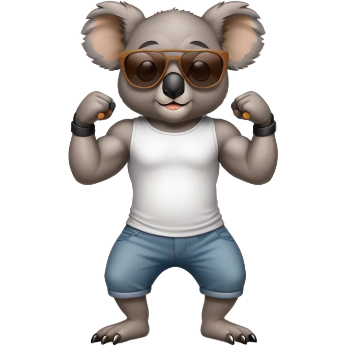 anthropomorphised koala, full body, casual clothing, dark sunglasses, flexing muscles emoji