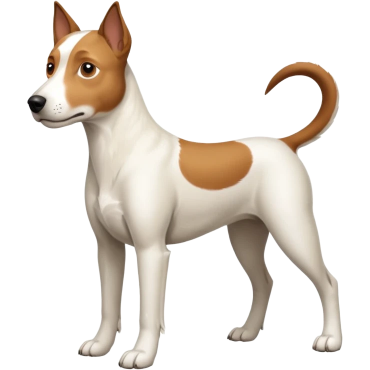 a full body large white parson russell looking dog the size of a kelpie with light brown flopped down ears and a light brown patch on one eye and a large snout emoji