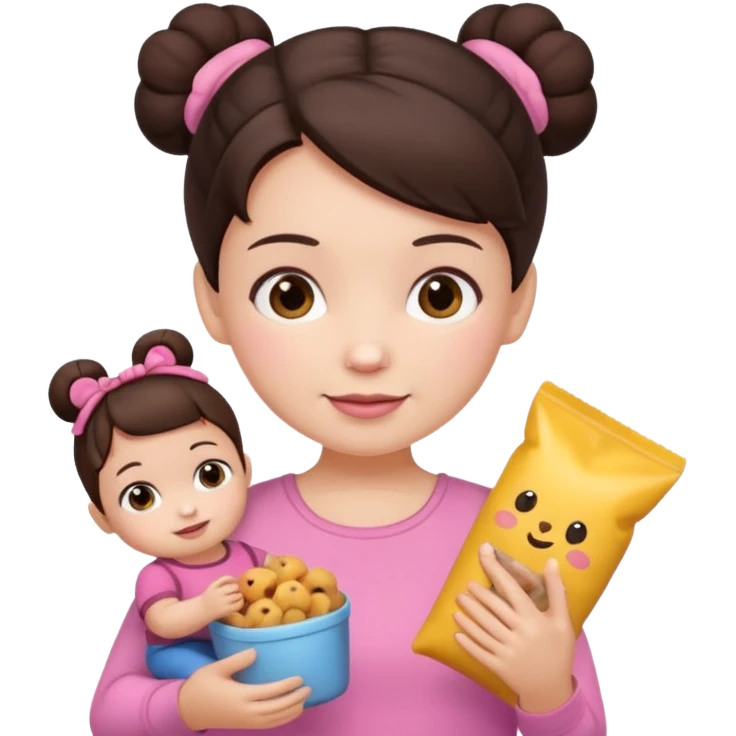 Cute small Toddler emoji with two small buns dark brown hair, fair skin, in pink top, holding toddler snacks & doll emoji