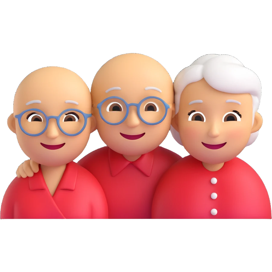 3D smiley emoji, round shape, grandmother and grandfather together with a heart-patterned background, red color, smiling face emoji