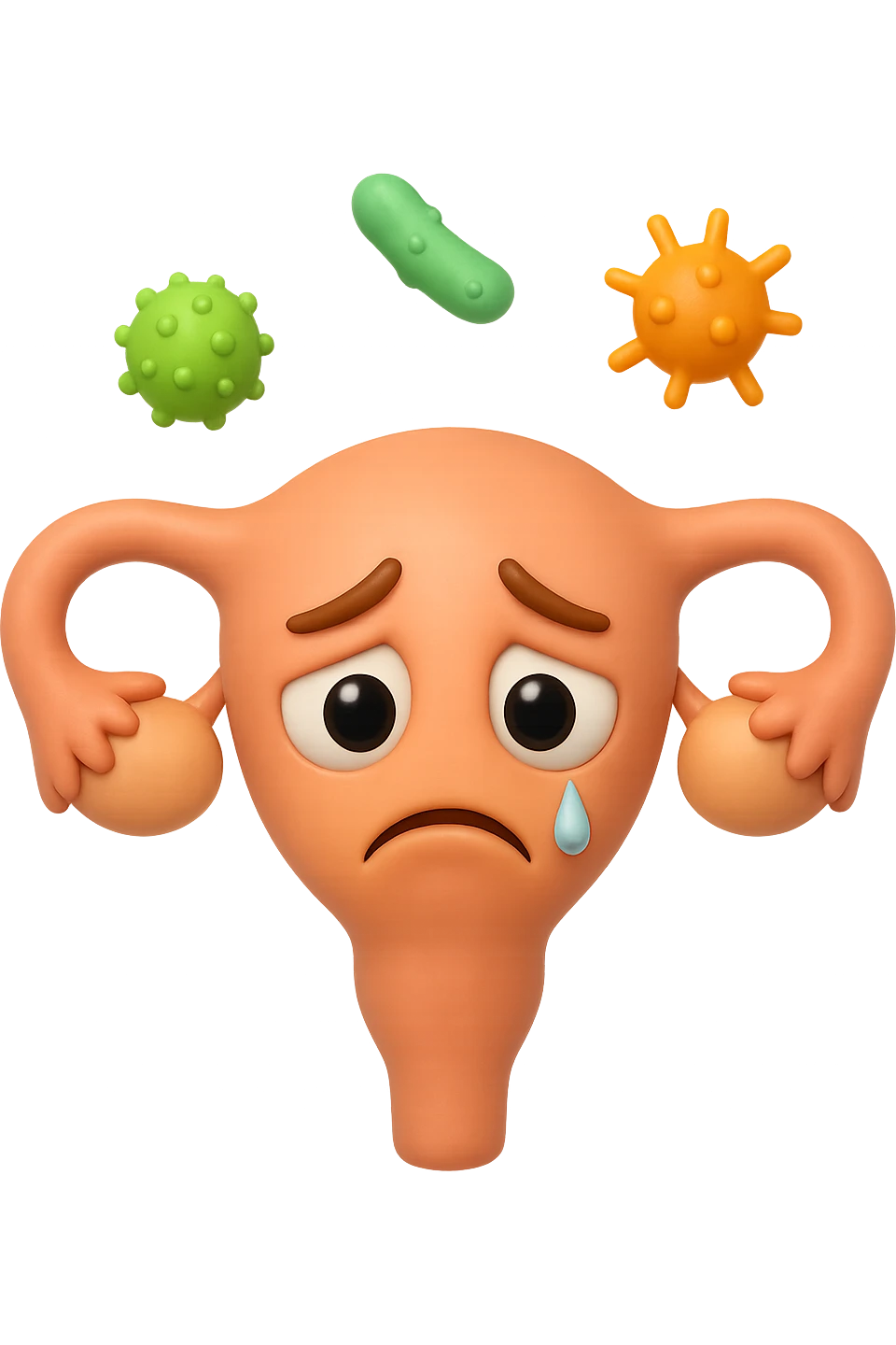 EMOJI STILE IPHONE 3D DI UTERO 3D CON ESPRESSIONE TRISTE  IN VOLTO MENTRE SOPRA LUI FLUTTUANO BATTERI, FAGLI ANCHE LA PARTE BIANCA DEGLI OCCHI, NON SOLO LA PUPILLA emoji