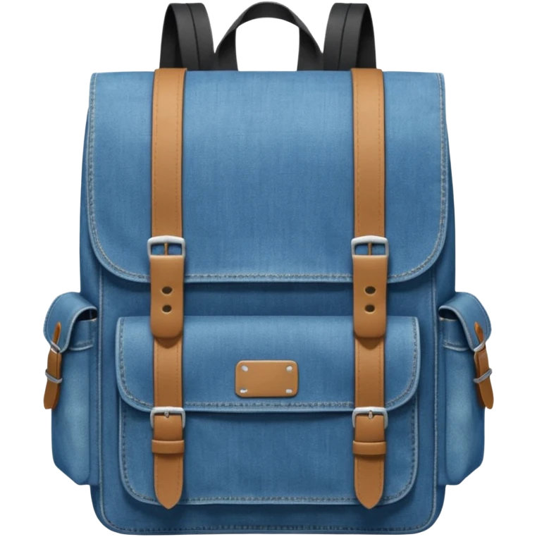 a blue denim backpack with a flap top, two vertical *black buckle straps* on the front. The backpack has two side pockets and a soft square shape. 

 emoji