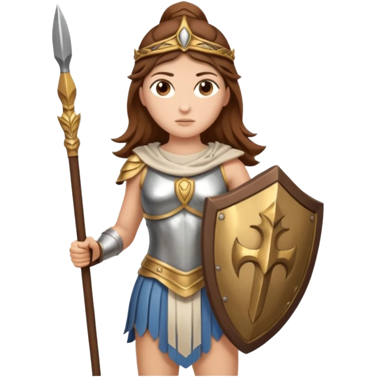 brown haired Athena the Greek goddess of disciplined, strategic warfare, calm, commanding figure leading with intelligence not force. wears light armour carries a spear, symbolising protection precise judgement. strategy, not aggression, embodying clarity, foresight and decisive action. emoji