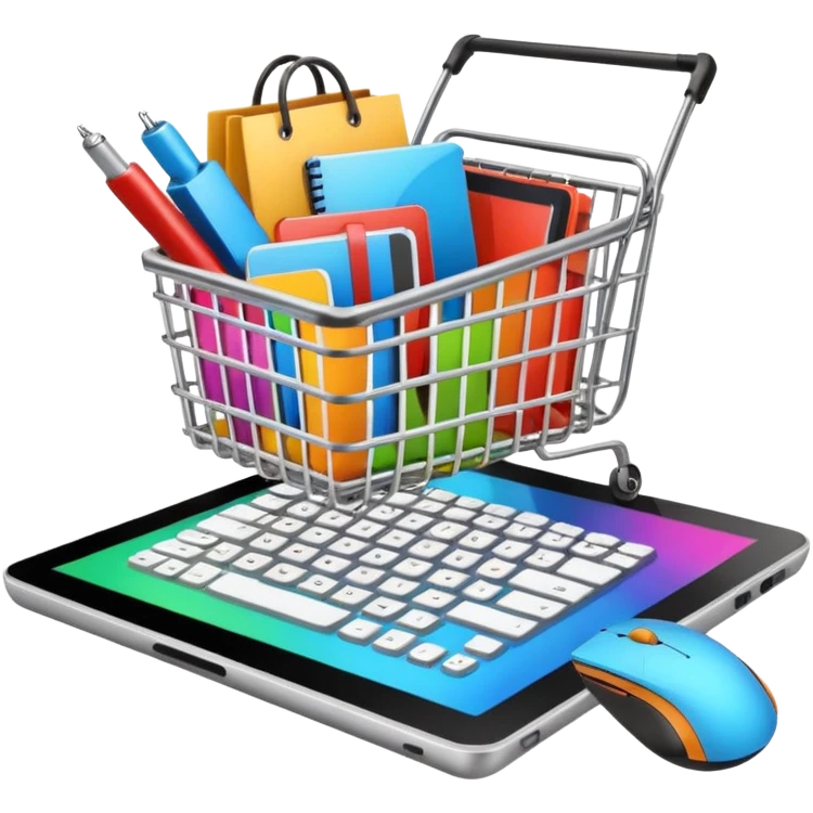 shopping basket with a graphics card, wireless mouse, and tablet emoji emoji