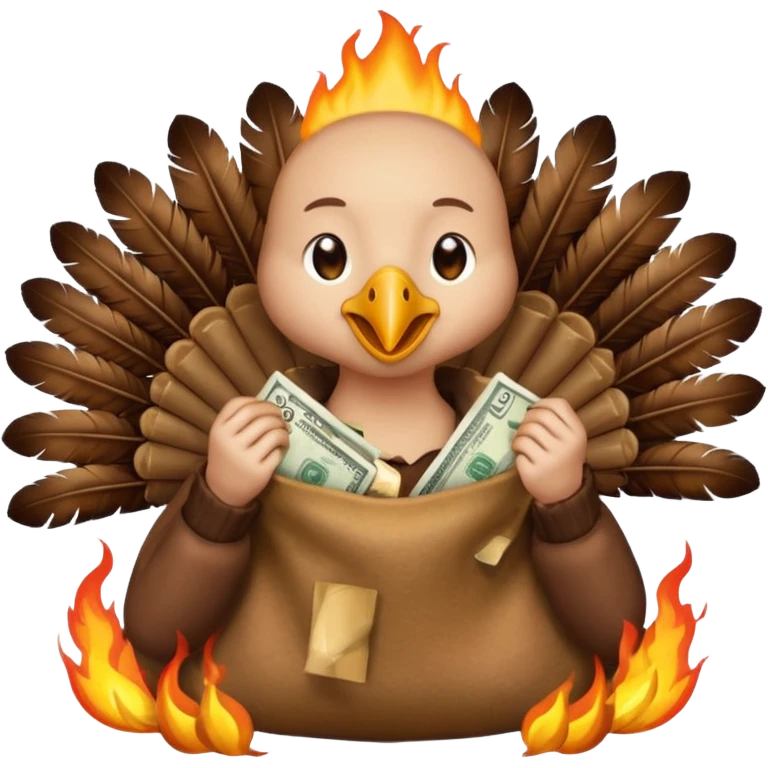 Can you create a turkey warming up a bag of money by a fire emoji