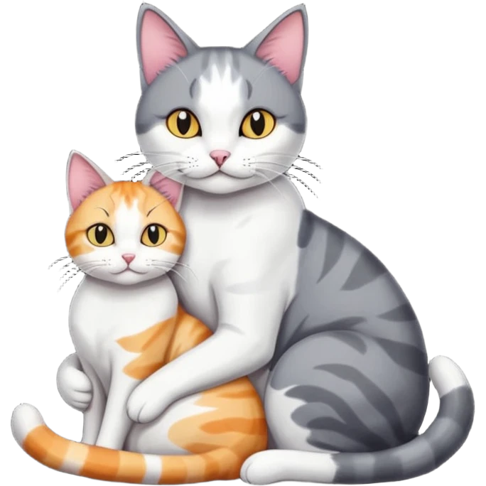 full body large dark grey and white cat cuddling a colourful light patched calico + white tabby cat  emoji