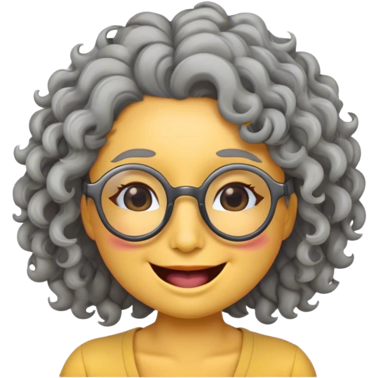 female yellow smiley face emoji, winking, glasses, no nose, grey curly hair emoji