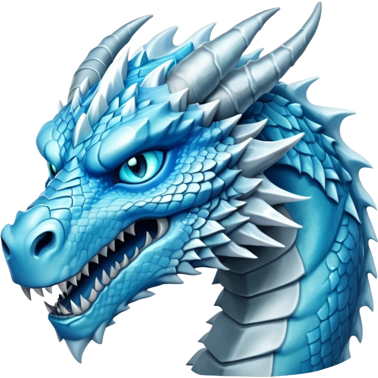 Cinematic Noble Fierce Ice Dragon Portrait Emoji, Poised and imposing, with a muscular, scaled body shimmering in glacial hues of icy blue, frostbitten silver, and crystalline white, and piercing, glowing eyes that radiate the chilling depths of an arctic storm; rendered in detail. emoji
