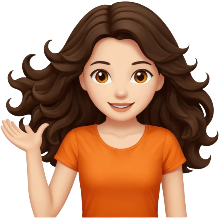 Long dark wavy hair women in orange top twirling around emoji
