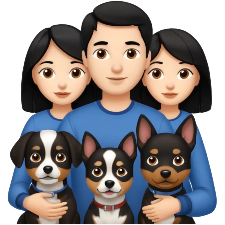 Una chica de pelo negro, con su pareja hombre y sus dos perritas una cafe y la otra negra emoji